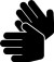 Två tecknade händer, symbol för att arrangemanget tolkas till teckenspråk.