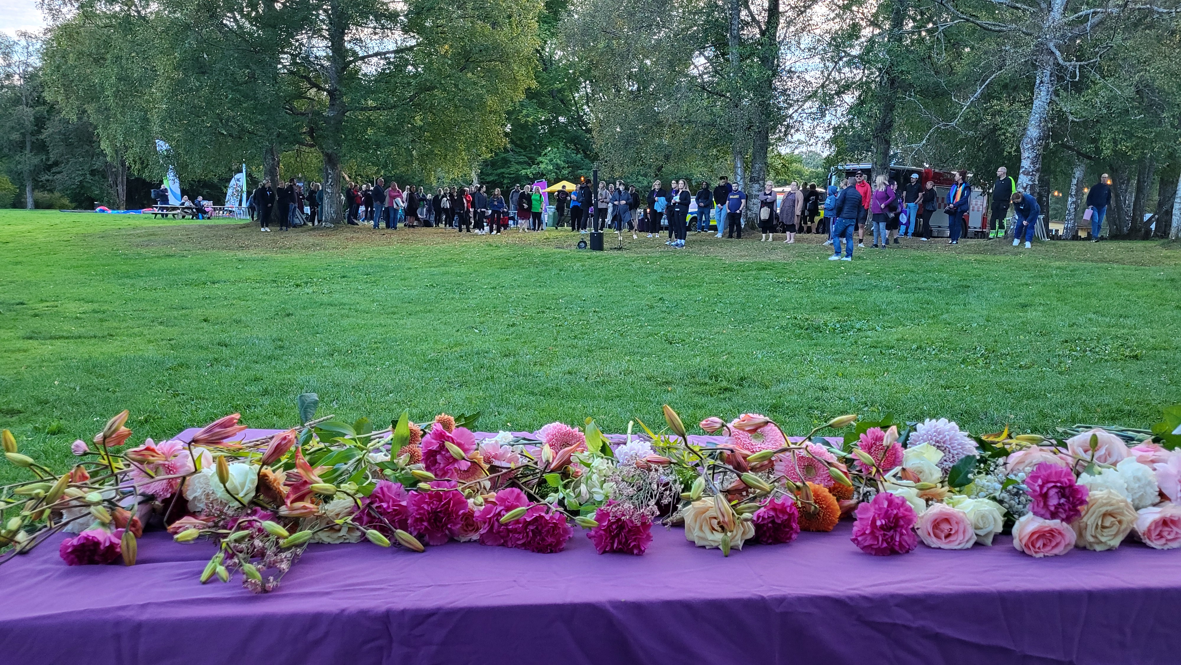 I förgrunden ligger ett flertal rosor på ett lila bord. I bakgrunden står människor samlade i en park där två personer informerar.