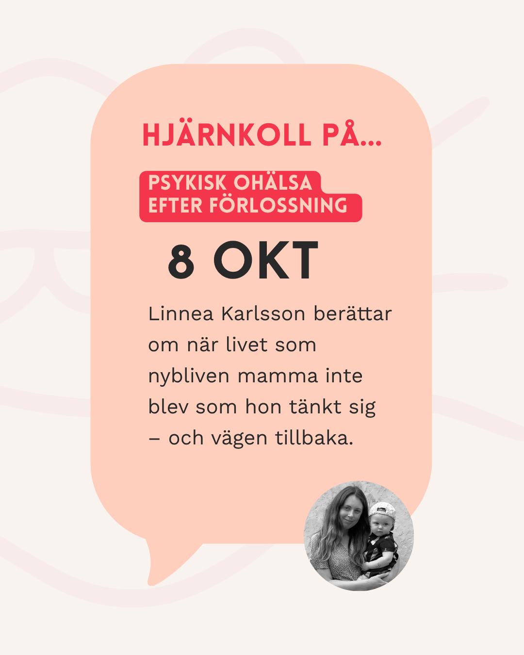 Pratbubbla med info om 8 oktober och porträttbilder på talarna.